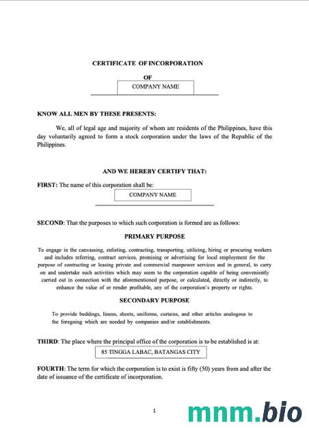 Philippines Batangas vcertyfikat of inkorporacja Word i szablon PDF